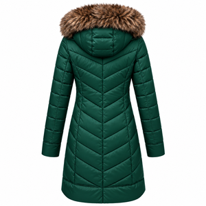 Veste matelassée longue pour femme de qualité supérieure, verte, avec capuche en fourrure, fermeture éclair, manteau d'hiver chaud, design de logo personnalisé - Product Image 3