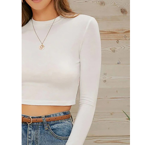 Camiseta Corta Blanca para Mujer, Cuello Redondo, Manga Larga, Color Sólido, Estilo Casual, Corte Ajustado, Tejido de Algodón y Elastano, para Todas las Temporadas - Product Image 2