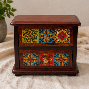 Hand Painted Wooden <b>Storage</b> <b>Box</b> with 2 <b>Drawers</b> Mediterranean Design Solid Wood Craftsmanship Bedroom Decor - Product Image 2