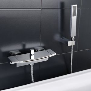 Grifo de llenado de bañera de cascada de montaje en pared cromado de 2 manijas contemporáneo con ducha de mano Grifos de baño y ducha modernos - Product Image 2
