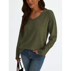 2025 2025, camisetas de manga larga de gran tamaño con cuello en V para mujer, Jersey informal básico, Camisetas Básicas de algodón ligero - Product Image 5