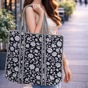 กระเป๋าโท้ทผ้าฝ้ายพิมพ์ลายบล็อกอินเดียสำหรับผู้หญิง สไตล์โบฮีเมียน วินเทจ ทำมือ ซักได้ ใช้ได้ทุกวัน กระเป๋าสะพายไหล่ กระเป๋าใส่ของ - Product Image 1