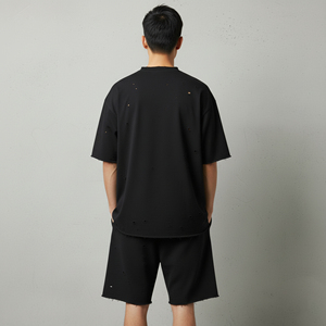 Conjunto de 2 piezas para hombre, estilo hip hop personalizado, corte holgado, desgastado, informal de verano, 100% algodón, transpirable, talla grande. - Product Image 2