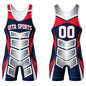 Men Navy Blue Red Sublimated Wrestling Singlet Polyester <b>Athletic</b> Sports Uniform Sleeveless Competition Training Match Wear - Product Image 1