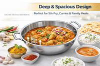 Wok Kadai de Acero Inoxidable Premium con Tapa y Doble Asa, Sartén Profunda para Cocinar Curry, Ideal para Cocina India, Restaurantes y Hoteles