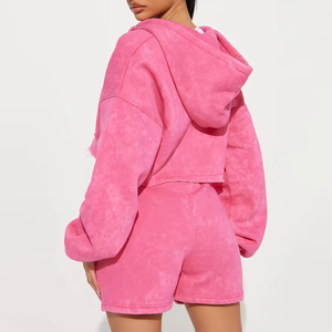 Conjunto de Sudadera con Capucha y Cremallera con Logotipo Personalizado, Lavado Ácido, Hombros Caídos, y Pantalones Cortos con Cordones y Cintura Elástica para Mujer - Product Image 3