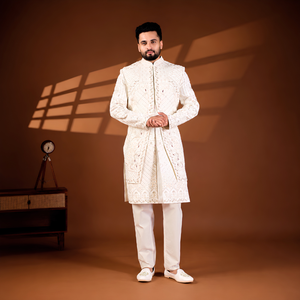 Sherwani pour homme en soie Vergo de qualité supérieure, motif treillis ivoire, sans plis, col mandarin, pour mariage festif, vêtement traditionnel - Product Image 1