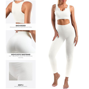<b>White</b> <b>2</b> <b>Piece</b> Yoga Set Scoop Neck Racerback Crop Top High Waist Full Length Leggings Seamless Four-Way Stretch Solid Color - Product Image 3