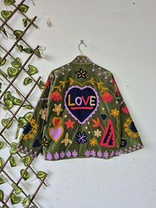 Handmade Green <b>Velvet</b> Suzani Embroidered <b>Jacket</b> with Floral Heart Pattern Full Sleeve Stand Collar <b>Women's</b> Winter Outerwear - Product Image 4