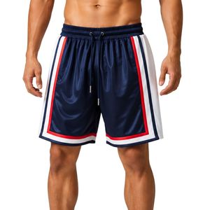 Shorts de basket-ball pour hommes bleu marine personnalisés avec panneau latéral blanc et rouge, shorts d'entraînement sportifs, taille élastique, vêtements de sport, gym, fitness - Product Image 1