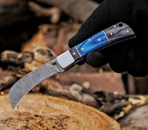 UA Supplies Damascus Steel Clip Point Wood Handle <b>Liner</b> Lock Hawk Bill Folding Hunting Pocket Knife with 7 in Overall Length - Product Image 1