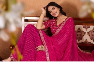 Sari Tradicional KV de Rayón Georgette con Estampado Bandhani para Fiestas y Eventos - Product Image 4