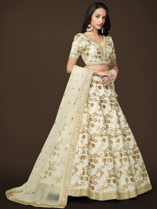 Cream Floral Embroidered Lehenga Set V Neck Short Sleeve Blouse Full Skirt Evening Dress <b>Bride</b> Wear - Product Image 4