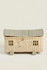 Panier de rangement en forme de maison avec roulettes, tissé en rotin naturel, panier de rangement pour jouets pour enfants. - Product Image 4