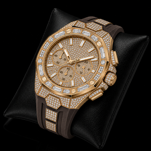 Reloj Cronógrafo con Incrustaciones de Oro, Correa de Caucho Marrón, Bisel con Piedras Baguette, Diseño de Reloj de Pulsera de Lujo para Hombre - Product Image 1