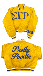 Sigma Rho Phi Greek Satin Bomber Jacket SGRHO Pretty Poodle Sorority Sisterhood Women Cropped Bomber Jackets Greek Line Jacket - Product Image 4