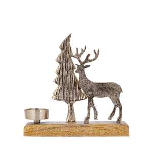 Porte-bougie chauffe-plat en métal argenté en forme de renne avec base en bois de manguier, centre de table rustique de Noël, figurine de cerf décorative festive - Product Image 4