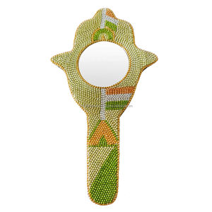 Miroir à main traditionnel artisanal en laque avec perles brillantes et finition vintage, léger et portable, miroir de maquillage doré à perles - Product Image 3