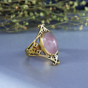 Art Deco Rose Quartz Brass <b>Gold</b> Plated Statement <b>Ring</b> - Product Image 4