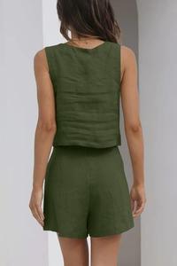 Conjunto de 2 piezas de verano 2026 para mujer, estilo vintage, casual, sin cuello, sin mangas, hasta la rodilla, color liso, pantalones cortos, tallas grandes, lino y algodón - Product Image 6