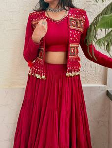 New Trend Fuchsia Pink Mirror Work <b>Lehenga</b> Set Designer Kutchi Embroidery Jacket <b>Crop</b> <b>Top</b> Festive Party Wear - Product Image 4
