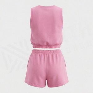 Women's Pink Sleeveless Crop <b>Top</b> and Shorts Set Crew Neck Solid Color Casual Sportswear Above Knee Knitted Spandex Cotton 2 - Product Image 2