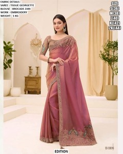 Ziya Women's Winter Traditional Embroidered Festive Saree-<b>Tissue</b> Georgette Moisture Wicking Wrinkle Free <b>Wedding</b> Party Occasions - Product Image 1