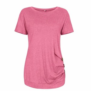 T-shirt rose à col rond et manches courtes pour femme avec boutons latéraux, coupe décontractée, en coton tricoté, idéal printemps-été, OEM - Product Image 3