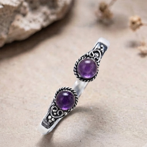 Signature <b>Amethyst</b> Twin Cabochon Open Cuff <b>Bracelet</b> Handmade Silver Plated Brass Jewelry - Product Image 5