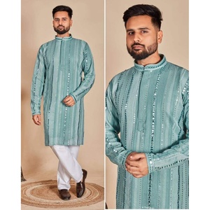 TENDENCIA GEORGETTE BORDADO HILO FOIL ESPEJO TRABAJO KURTA CON PAYJAMA SKY - Product Image 1