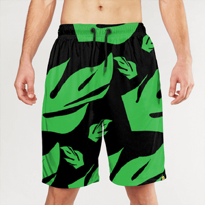 <b>Men's</b> Quick Dry Board Shorts Green Black Leaf Pattern Drawstring Waist Casual Swim <b>Trunks</b> Short Length Polyester Fabric - Product Image 1