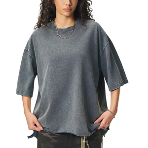 Women's Vintage Casual Oversize Heavyweight Cotton Tees 100% Knitted Eco-friendly Custom Logo Printed Acid Wash Effect Loose - Product Image 1