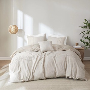 Ensemble de housse de couette simple, beige uni, 3 pièces, 100% lin, écologique, tissé, pour usage domestique, lavable en machine - Product Image 1
