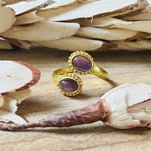 Unique Design Vintage 18k Gold Plated Brass Amethyst <b>Ring</b> Double Stone Ethnic <b>Open</b> Tribal Statement Boho Women Wholesale <b>Ring</b> - Product Image 2