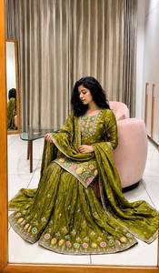 Ensemble Salwar en soie brodée verte avec dupatta, longueur au sol, vêtements traditionnels indiens et pakistanais pour femmes, toutes saisons - Product Image 2