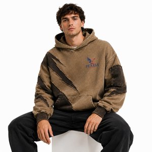 Sweat-shirt à capuche vintage délavé pour homme, avec manches patchwork, col côtelé, idéal pour le streetwear décontracté - Product Image 1