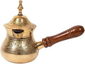 Hand Painted Brass Turkish <b>Coffee</b> Pot Set Traditional Floral Cezve Ibrik <b>Coffee</b> Maker Stovetop Espresso Pot Wooden Long Handle - Product Image 3