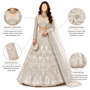 Lehenga Choli de Seda Blanca de Lujo, Tradicional para Novias, con Bordado de Lentejuelas, Largo hasta el Suelo, para Bodas y Fiestas, Conjunto Premium de Tela de Red - Product Image 1