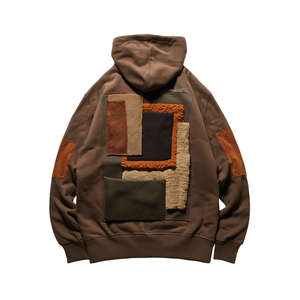 Sweat à capuche oversize premium pour homme moderne avec appliqué en tissu chenille de luxe, design patchwork en molleton de coton épais - Product Image 3
