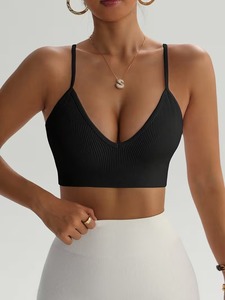 Ribbed High <b>Support</b> Sports Bra Women Scoop Neck Yoga <b>Crop</b> <b>Top</b> Non-adjusted Straps Gym Workout Fitness Activewear Front - Product Image 1