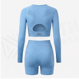 North Approach 2 Piece Yoga Set Crew Neck <b>Long</b> <b>Sleeve</b> Crop <b>Top</b> High Waist Shorts Solid Blue Breathable Seamless Sportswear - Product Image 2