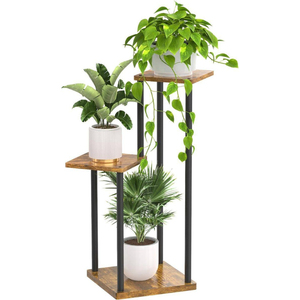 Support à plantes moderne à 3 niveaux en métal et bois, étagère à fleurs d'intérieur peu encombrante pour salon et balcon, étagère à plantes d'angle à plusieurs niveaux - Product Image 1