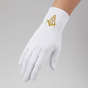 Gold Square & Compass Masonic Embroidered Cotton Gloves - [<b>White</b>] 100% Cotton Embroidered Masonic Symbol - Product Image 4