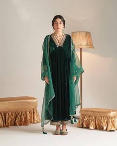 Designer Zari Embroidery Work <b>Velvet</b> <b>Top</b> With Bottom And Dupatta Fully Stitched Ready To Wear Set - Product Image 4