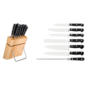 Juego de Cuchillos de Cocina de Acero Inoxidable de Alta Calidad de 7 Piezas con Mangos Negros Remachados, Soporte de Almacenamiento de Madera y Cuchilla de Afilar - Product Image 1
