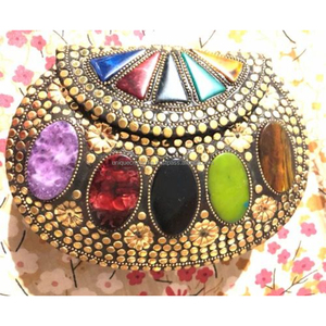 Bolso de Mano Rectangular Metálico Azul con Detalles Dorados, Diseño de Arte Folclórico Pintado a Mano, Efecto Mármol Ahumado, Acabado Brillante, para Mujer, para Fiestas - Product Image 2