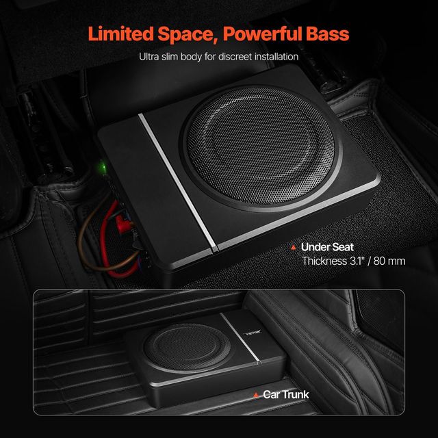 8-Inch 240W Slim Powered Underseat Car Subwoofer with Built-In Amplifier and High/Low Input