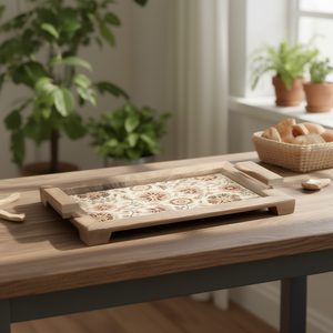 Plateau de service en bois artisanal moderne, plateau rustique pour le petit-déjeuner, décoration de table de cuisine - Product Image 3
