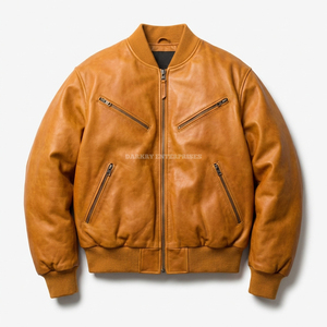 Custom Tan Cowhide Real Leather Bomber <b>Jacket</b> <b>Men</b> Wholesale Casual Slim Fit Soft Sheepskin <b>Flight</b> Coat Supplier Outerwear - Product Image 1
