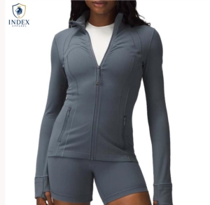 Veste de yoga à manches longues et fermeture éclair pour femme, coupe classique, bleu uni, respirante, en polyester, haut de sport - Product Image 6